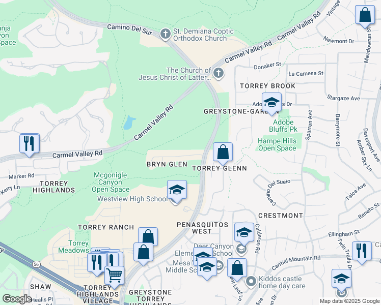 map of restaurants, bars, coffee shops, grocery stores, and more near 8320 Bryn Glen Way in San Diego