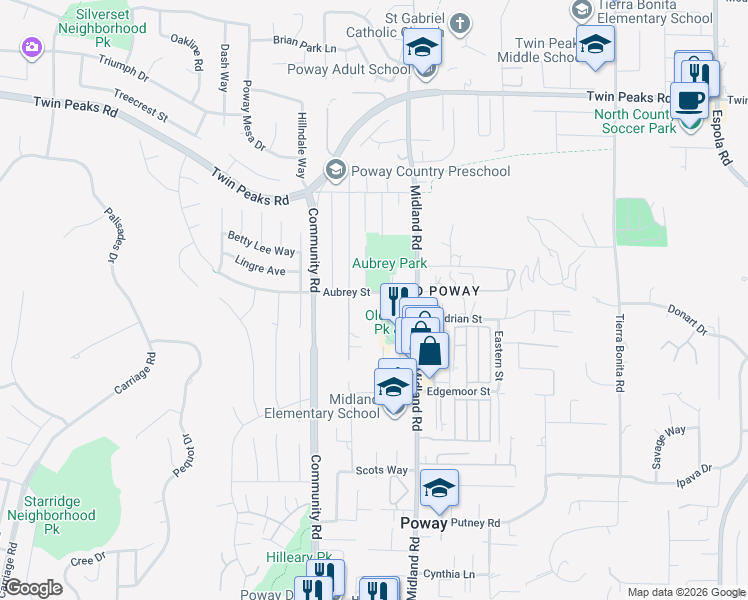 map of restaurants, bars, coffee shops, grocery stores, and more near 13554 Aubrey Street in Poway