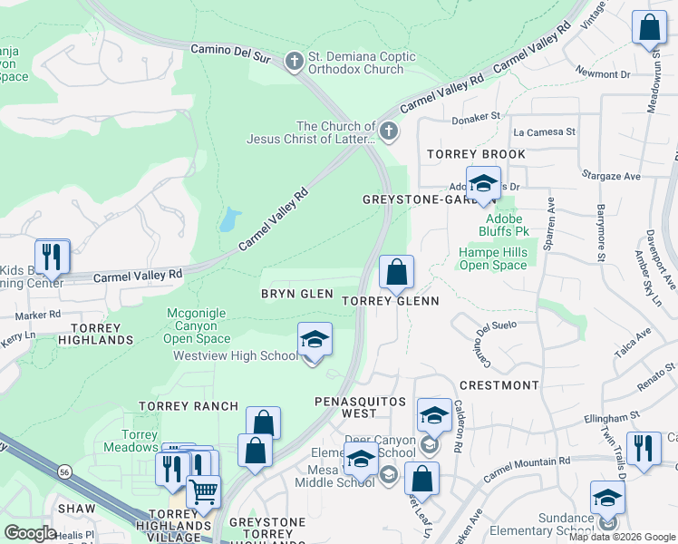 map of restaurants, bars, coffee shops, grocery stores, and more near 8332 Bryn Glen Way in San Diego