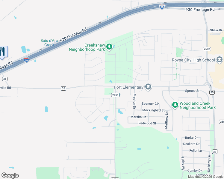 map of restaurants, bars, coffee shops, grocery stores, and more near 126 Farm to Market Road 2453 in Royse City