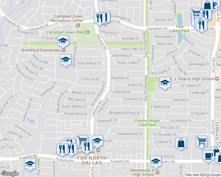 map of restaurants, bars, coffee shops, grocery stores, and more near 7207 Authon Drive in Dallas