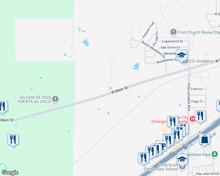 map of restaurants, bars, coffee shops, grocery stores, and more near 1630-1632 West Main Street in Rockwall