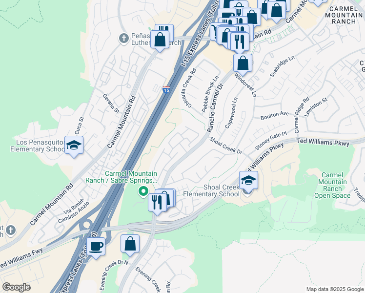 map of restaurants, bars, coffee shops, grocery stores, and more near 10484 Rancho Carmel Drive in San Diego