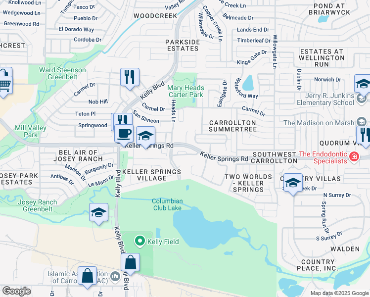 map of restaurants, bars, coffee shops, grocery stores, and more near 2500 Brooke Trail in Carrollton