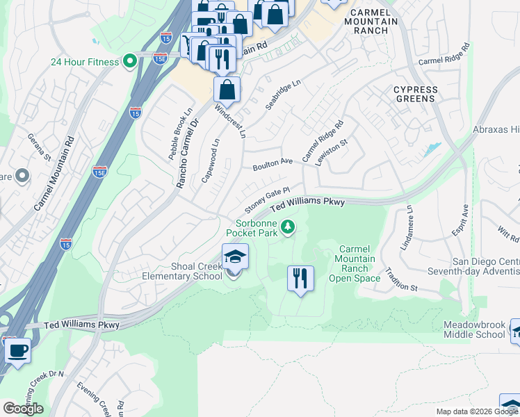 map of restaurants, bars, coffee shops, grocery stores, and more near 14112 Stoney Gate Place in San Diego