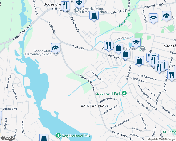 map of restaurants, bars, coffee shops, grocery stores, and more near 1018 Deerberry Road in Goose Creek