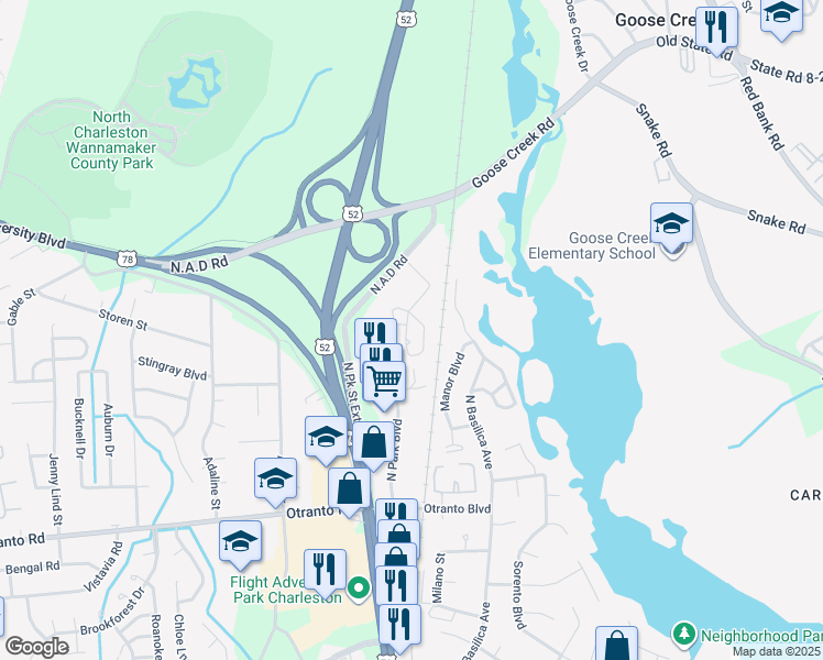 map of restaurants, bars, coffee shops, grocery stores, and more near 2161 Palermo Place in North Charleston