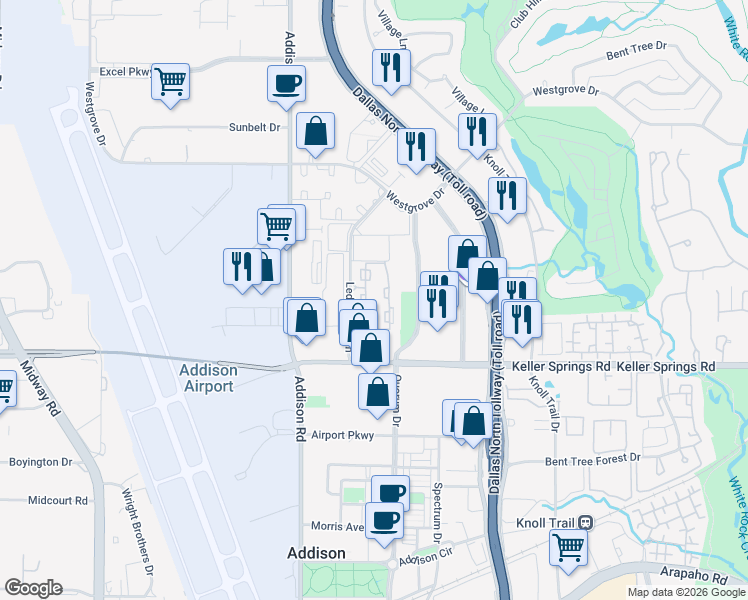 map of restaurants, bars, coffee shops, grocery stores, and more near 16300 Ledgemont Lane in Addison