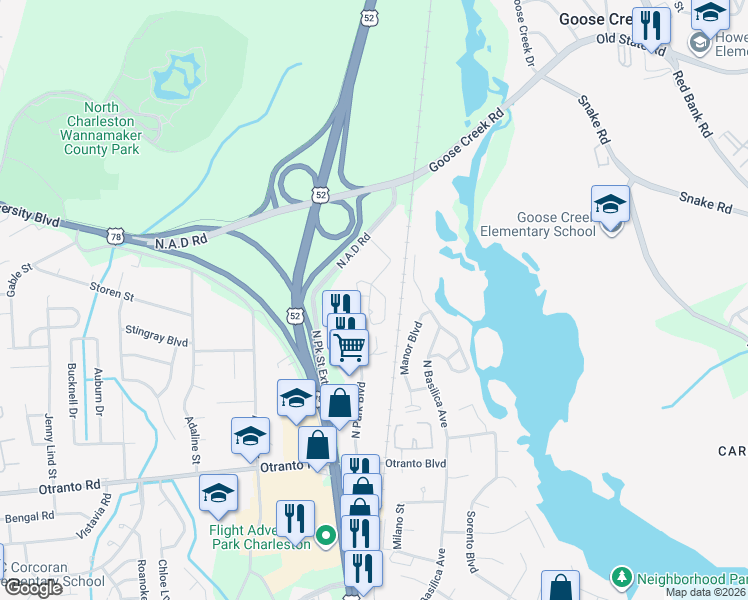 map of restaurants, bars, coffee shops, grocery stores, and more near 2161 Palermo Place in North Charleston