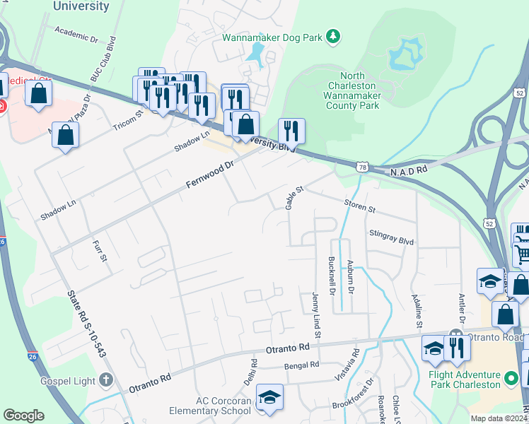map of restaurants, bars, coffee shops, grocery stores, and more near 2605 Spivey Court in North Charleston