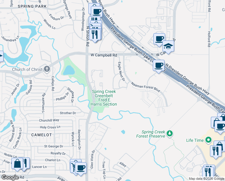 map of restaurants, bars, coffee shops, grocery stores, and more near 6112 Shoal Creek Trail in Garland