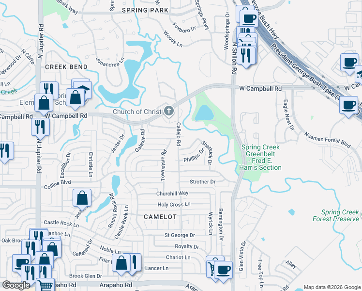 map of restaurants, bars, coffee shops, grocery stores, and more near 2701 Hazelwood Drive in Garland
