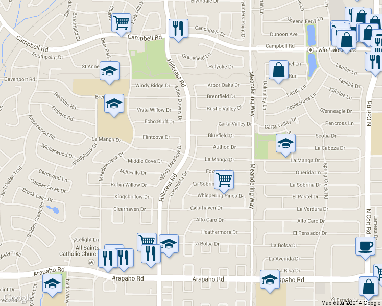 map of restaurants, bars, coffee shops, grocery stores, and more near 7207 Authon Drive in Dallas