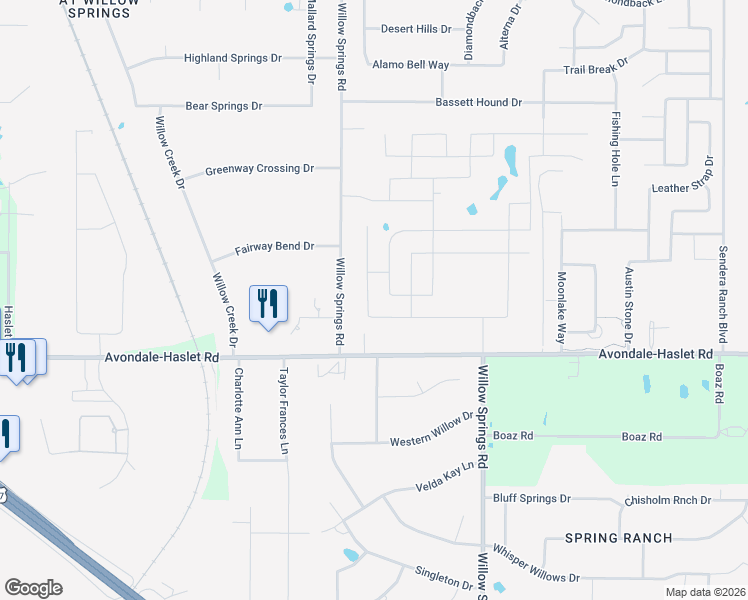map of restaurants, bars, coffee shops, grocery stores, and more near 13390 Willow Springs Road in Haslet