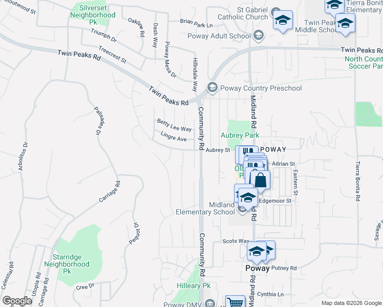 map of restaurants, bars, coffee shops, grocery stores, and more near 13334 Aubrey Street in Poway