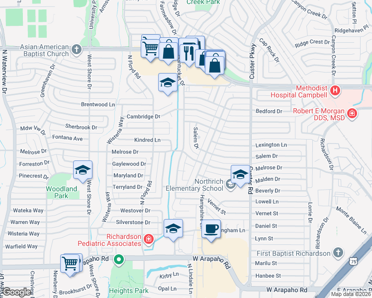 map of restaurants, bars, coffee shops, grocery stores, and more near 1615 Salem Drive in Richardson