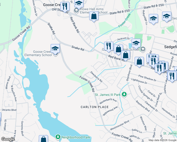 map of restaurants, bars, coffee shops, grocery stores, and more near 1018 Deerberry Road in Goose Creek
