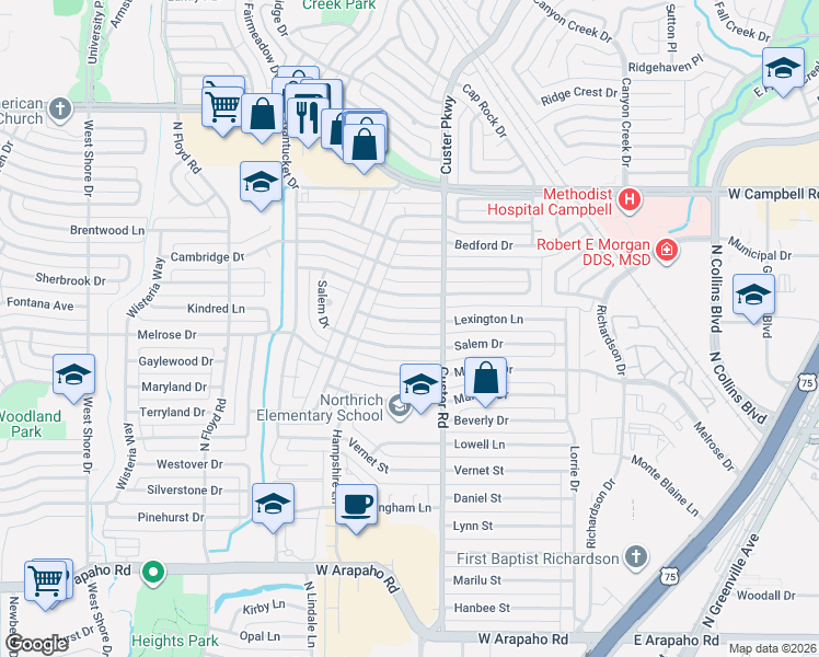 map of restaurants, bars, coffee shops, grocery stores, and more near 504 Lexington Lane in Richardson