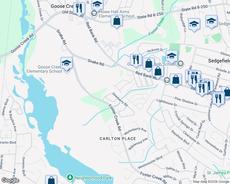 map of restaurants, bars, coffee shops, grocery stores, and more near 1026 Deerberry Road in Goose Creek