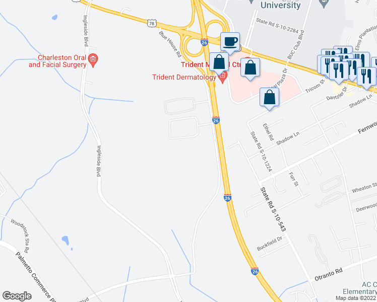 map of restaurants, bars, coffee shops, grocery stores, and more near 9255 Blue House Road in North Charleston
