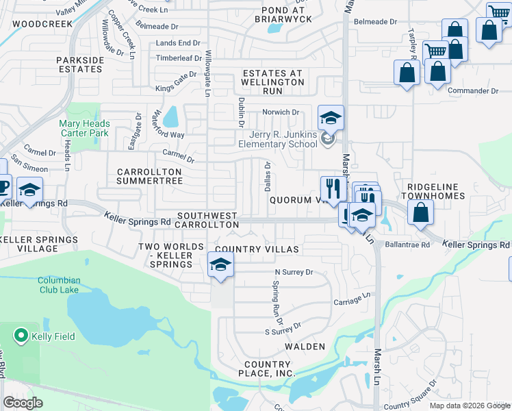 map of restaurants, bars, coffee shops, grocery stores, and more near 2221 Dallas Drive in Carrollton
