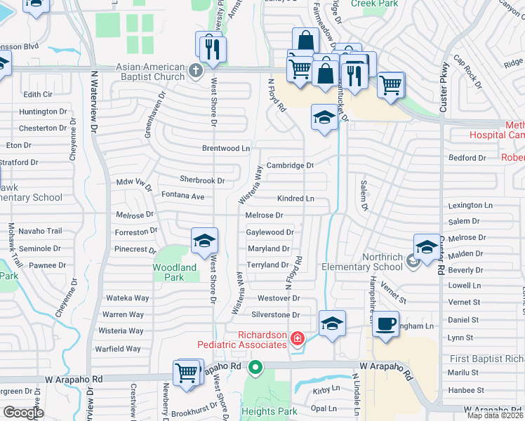 map of restaurants, bars, coffee shops, grocery stores, and more near 725 Kindred Lane in Richardson