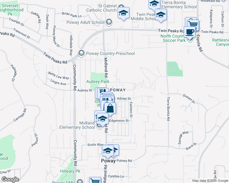 map of restaurants, bars, coffee shops, grocery stores, and more near 14172 Peachtree Lane in Poway