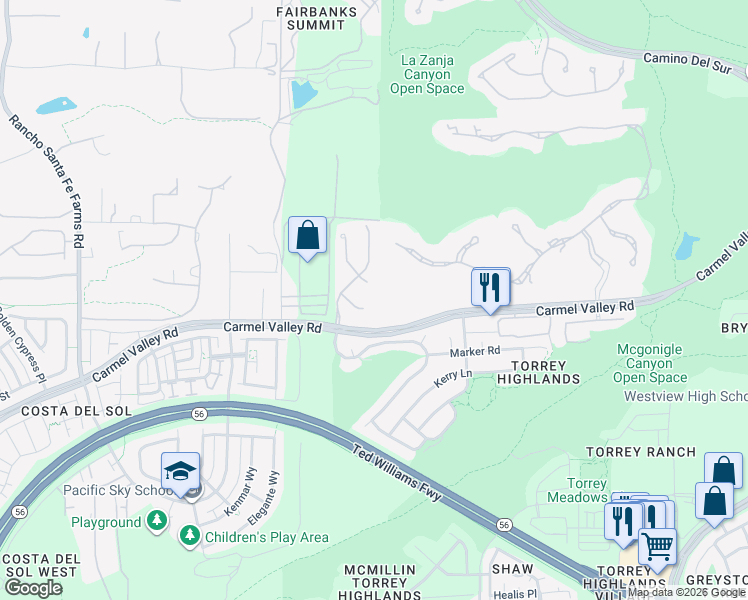 map of restaurants, bars, coffee shops, grocery stores, and more near 7505 Collins Ranch Terrace in San Diego