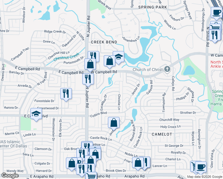 map of restaurants, bars, coffee shops, grocery stores, and more near 3302 West Campbell Road in Garland