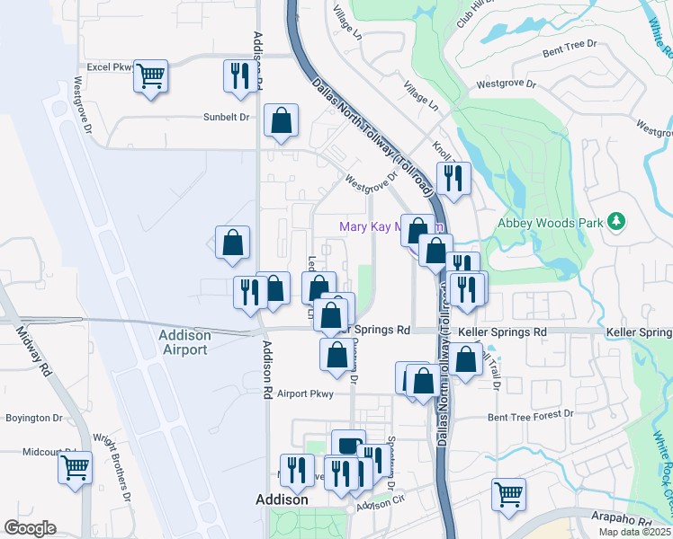 map of restaurants, bars, coffee shops, grocery stores, and more near 16300 Ledgemont Lane in Addison