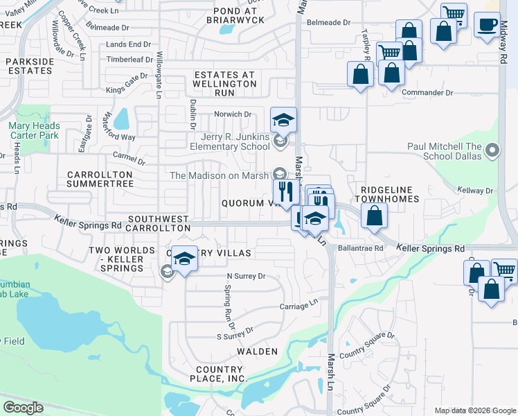 map of restaurants, bars, coffee shops, grocery stores, and more near 2835 Keller Springs Road in Carrollton