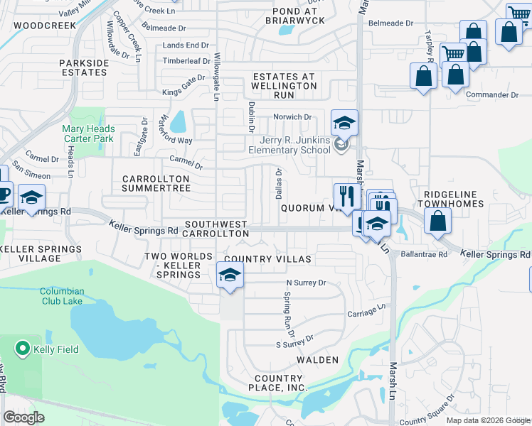 map of restaurants, bars, coffee shops, grocery stores, and more near 2221 Dallas Drive in Carrollton
