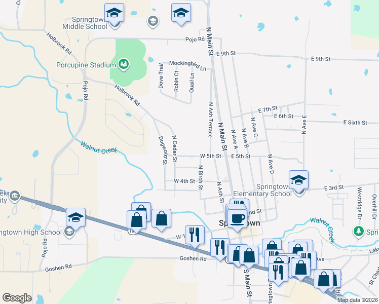 map of restaurants, bars, coffee shops, grocery stores, and more near 312 West 5th Street in Springtown