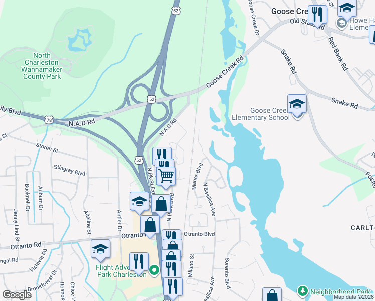 map of restaurants, bars, coffee shops, grocery stores, and more near 43 North Basilica Avenue in Hanahan
