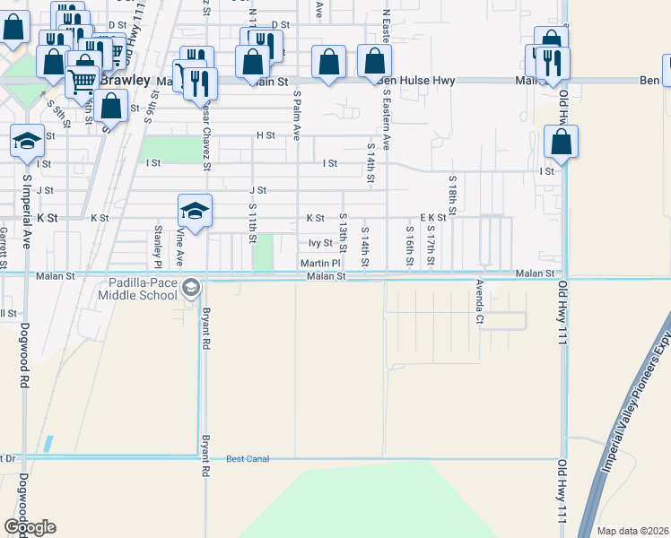 map of restaurants, bars, coffee shops, grocery stores, and more near 686 South 13th Street in Brawley