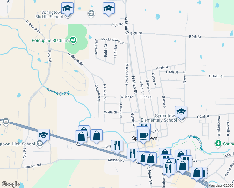 map of restaurants, bars, coffee shops, grocery stores, and more near 312 West 5th Street in Springtown
