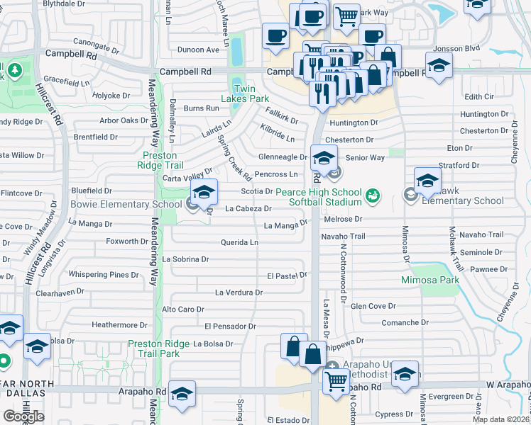 map of restaurants, bars, coffee shops, grocery stores, and more near 7820 La Cabeza Drive in Dallas