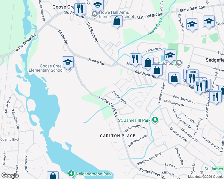map of restaurants, bars, coffee shops, grocery stores, and more near 1022 Deerberry Road in Goose Creek
