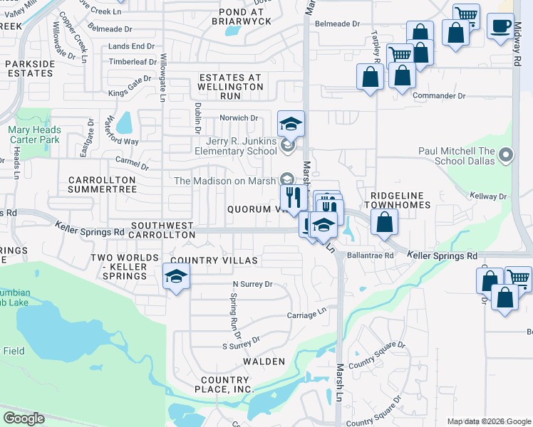 map of restaurants, bars, coffee shops, grocery stores, and more near 2835 Keller Springs Road in Carrollton