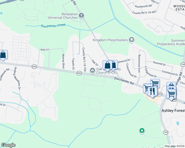 map of restaurants, bars, coffee shops, grocery stores, and more near 10760 Dorchester Road in Summerville