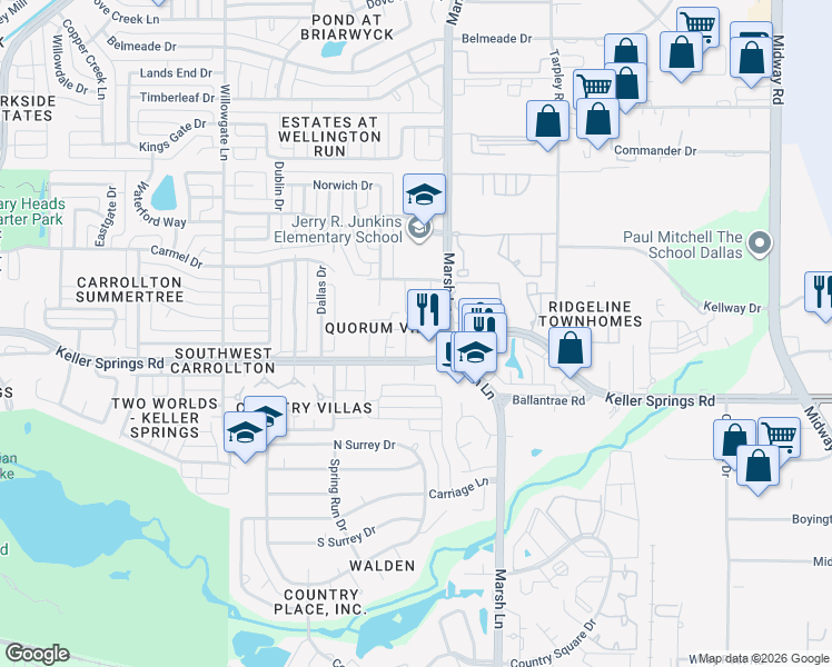 map of restaurants, bars, coffee shops, grocery stores, and more near 2221 Marsh Lane in Carrollton
