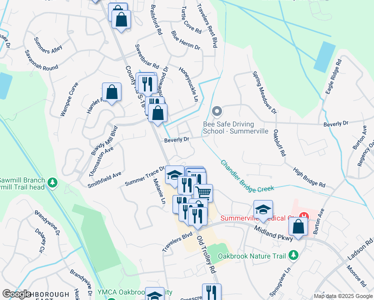 map of restaurants, bars, coffee shops, grocery stores, and more near 900 Westbury Mews Drive in Summerville