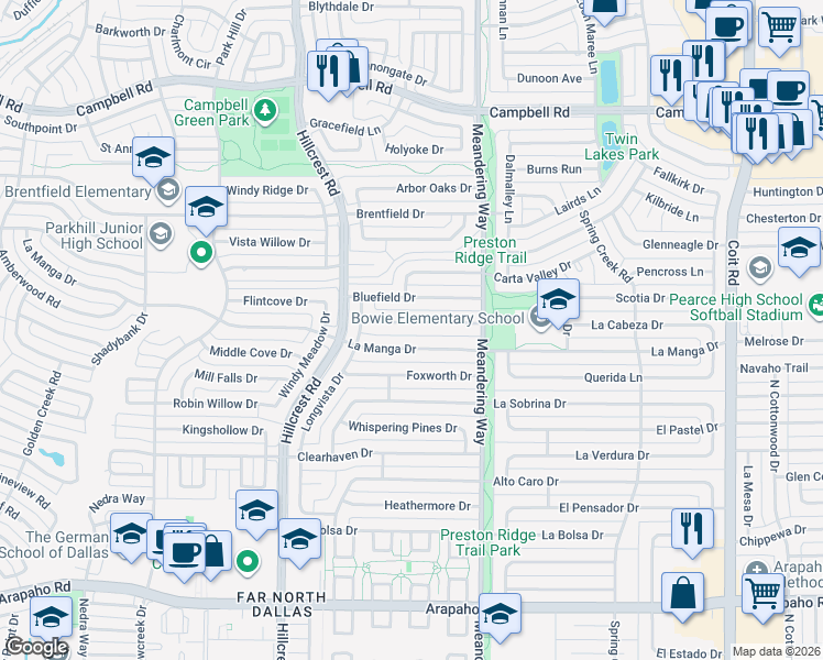 map of restaurants, bars, coffee shops, grocery stores, and more near 7309 Authon Drive in Dallas