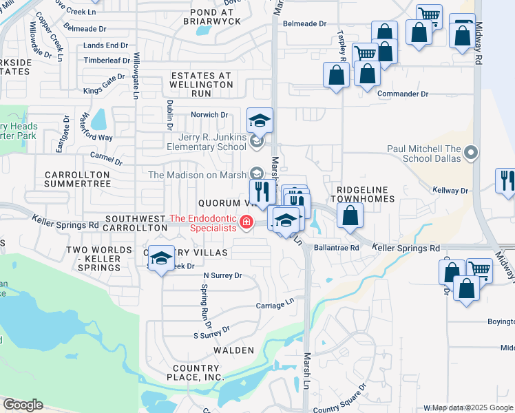 map of restaurants, bars, coffee shops, grocery stores, and more near 2221 Marsh Lane in Carrollton