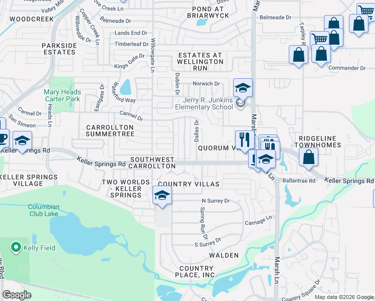 map of restaurants, bars, coffee shops, grocery stores, and more near 2221 Dallas Drive in Carrollton