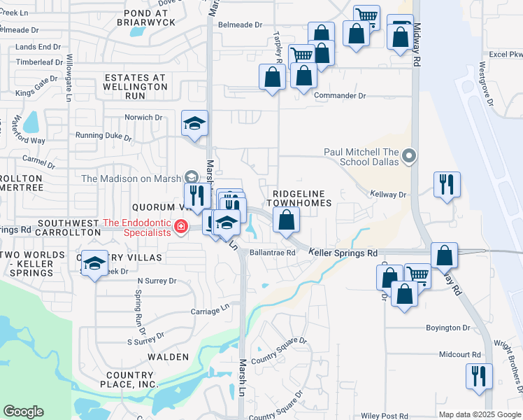 map of restaurants, bars, coffee shops, grocery stores, and more near 2932 Keller Springs Road in Carrollton