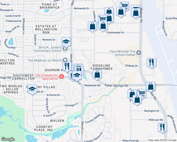 map of restaurants, bars, coffee shops, grocery stores, and more near 2925 Keller Springs Road in Carrollton