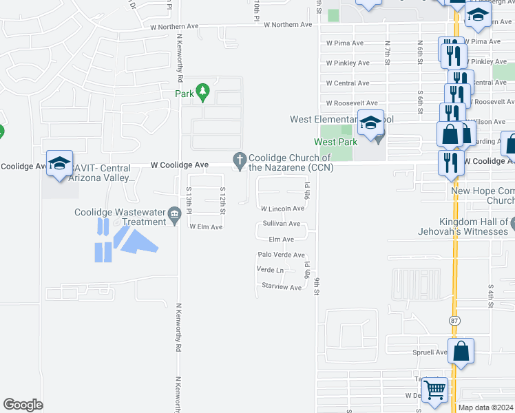 map of restaurants, bars, coffee shops, grocery stores, and more near 1098 South 11th Street in Coolidge