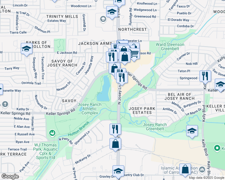 map of restaurants, bars, coffee shops, grocery stores, and more near 2105 North Josey Lane in Carrollton
