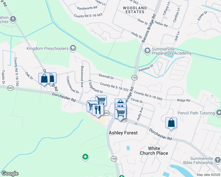 map of restaurants, bars, coffee shops, grocery stores, and more near 210 County Road S-18-332 in Summerville